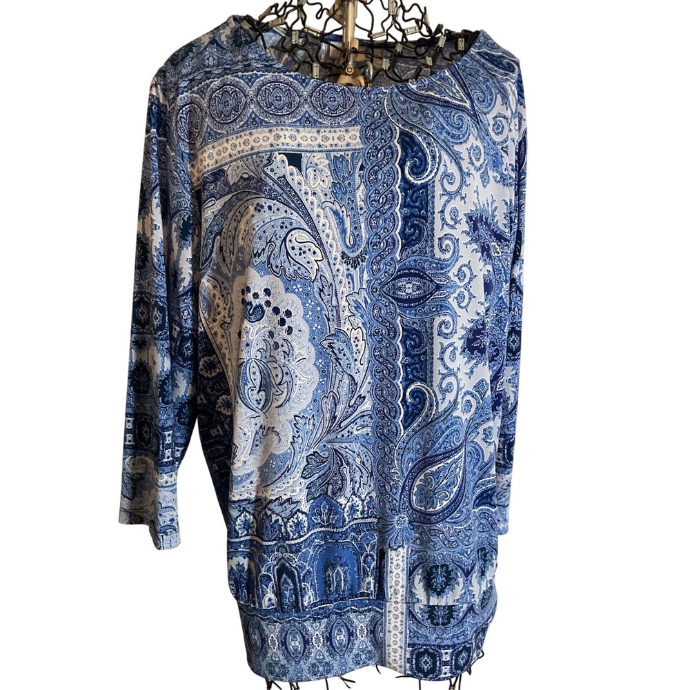 Chicos 3 Blue White Paisley Print Long Sleeve Top Shirt Size 3